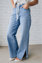 Myosotis Slit Leg High Rise Drawstring Casual Jeans