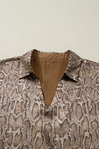 Brown Polo Collared V Neck Short Sleeve Metallic Leopard Blouse