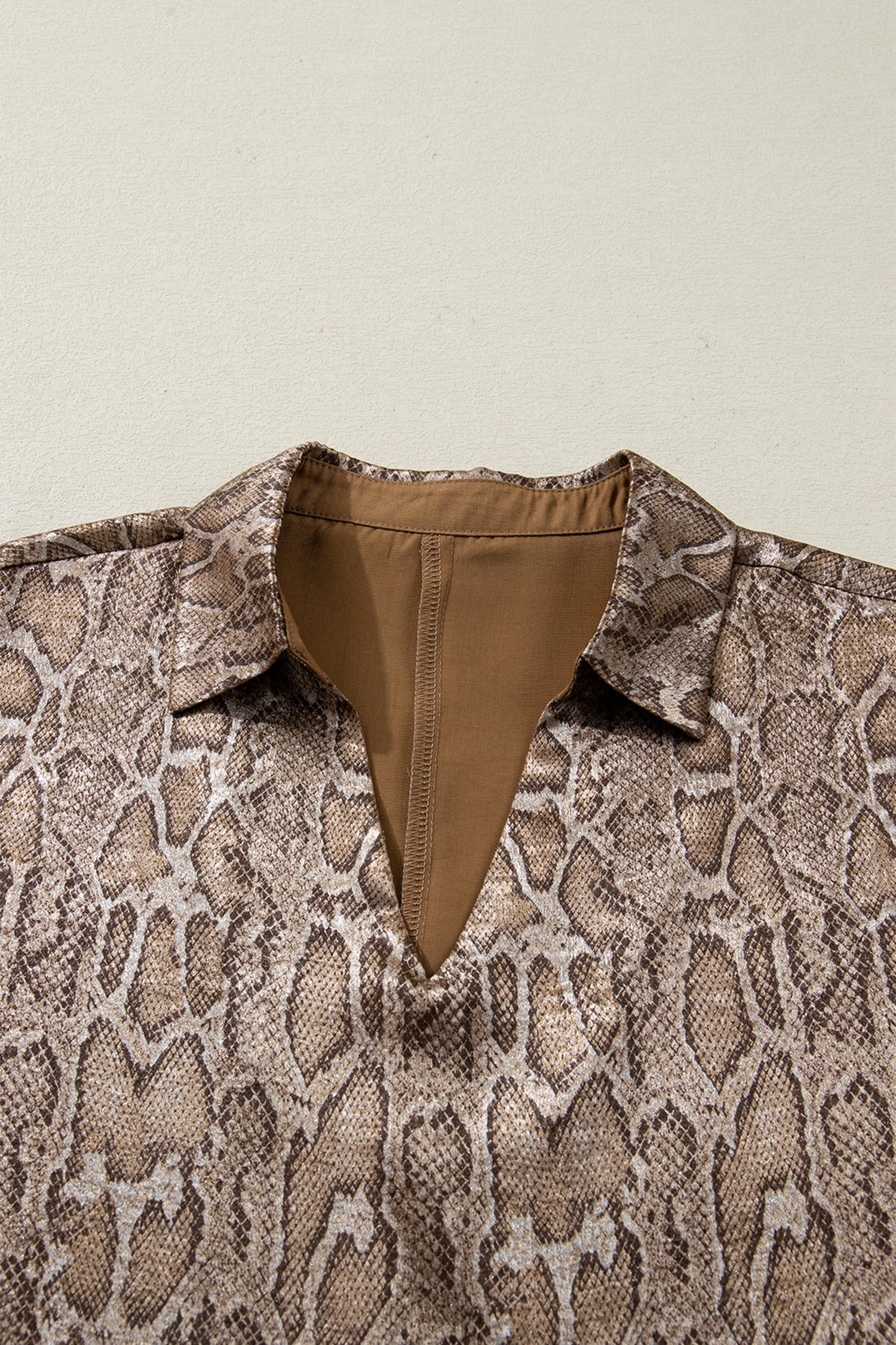 Brown Polo Collared V Neck Short Sleeve Metallic Leopard Blouse