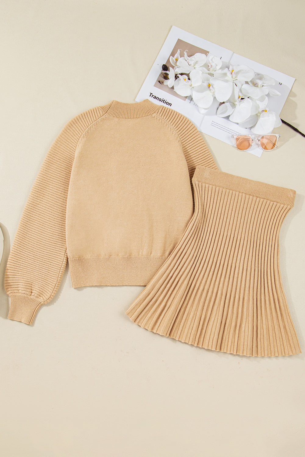Smoke Gray High Neck Puff Sleeve Sweater Pleated Mini Skirt 2pcs Knitted Outfit