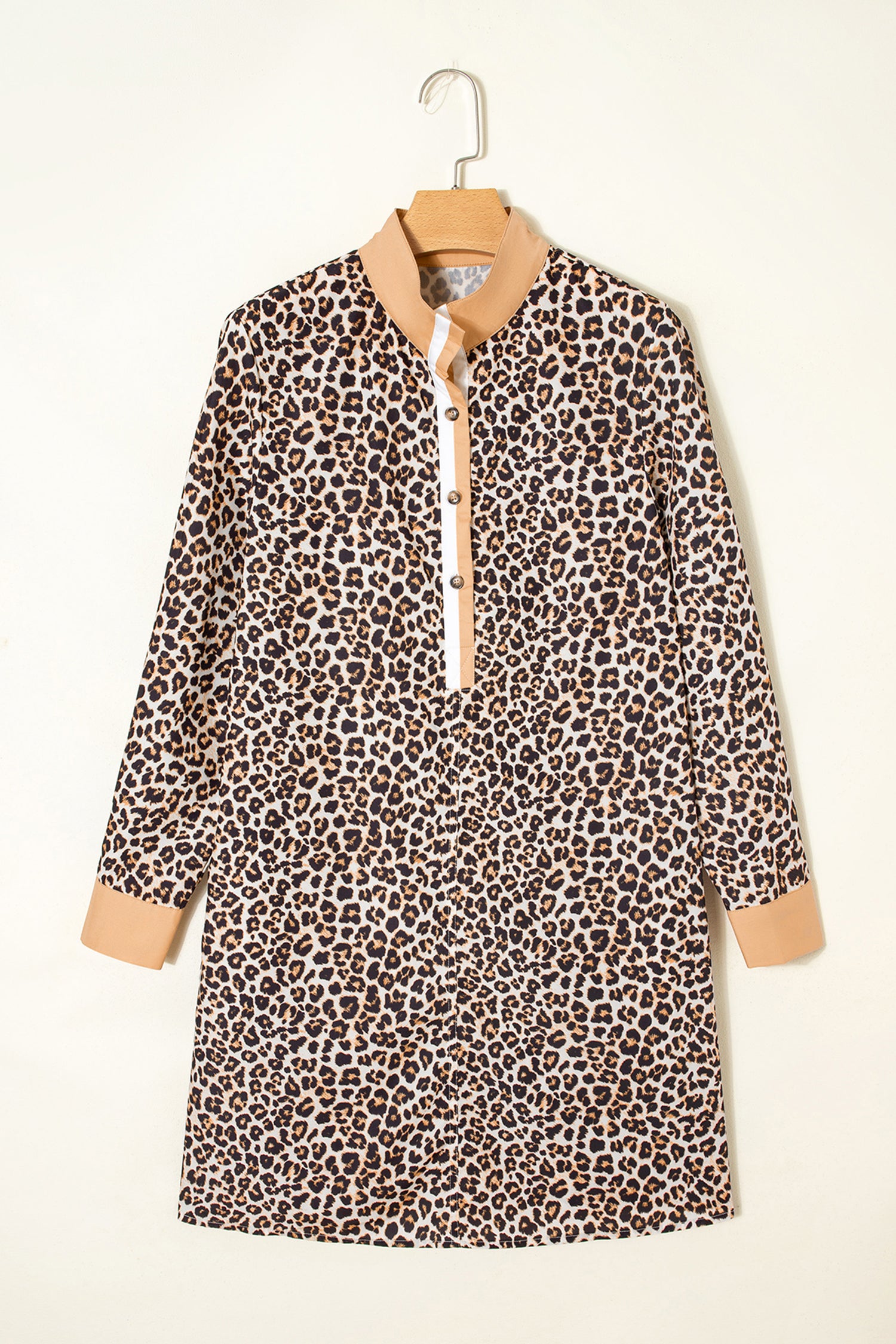 Button Striped Collar Leopard Print Long Sleeve Flared Dress
