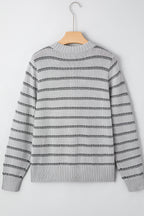 Gray Stripe Button Front Ribbed Trim Short Cardigan