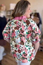 Pink V Neck Short Puff Sleeve Plus Size Floral Blouse