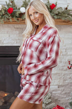 Red Retro Plaid Long Sleeve Shirt Drawstring Shorts 2pcs Lounge Set