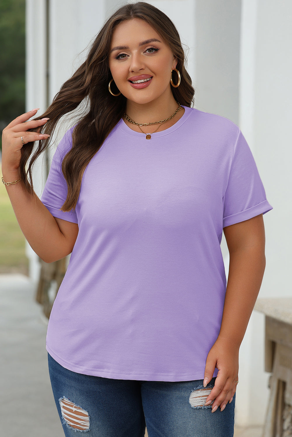 Orange Casual Plain Crew Neck Tee