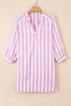 Rose Stripe Bracelet Sleeve Buttons Loose Mini Dress