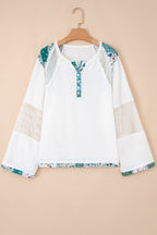 White Plant Mesh Patched Color Block Half Button Blouse