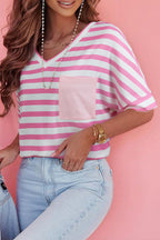 Pink Stripe V Neck Patched Pocket Casual T Shirt