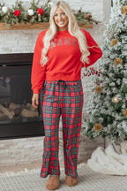 Red Plaid Mama Graphic Christmas Holiday Crewneck Pullover and Pants Two Piece Lounge Set