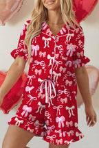 Red Sweet Bow Print Ruffled Short Sleeve Shirt Shorts 2pcs Pyjama Set