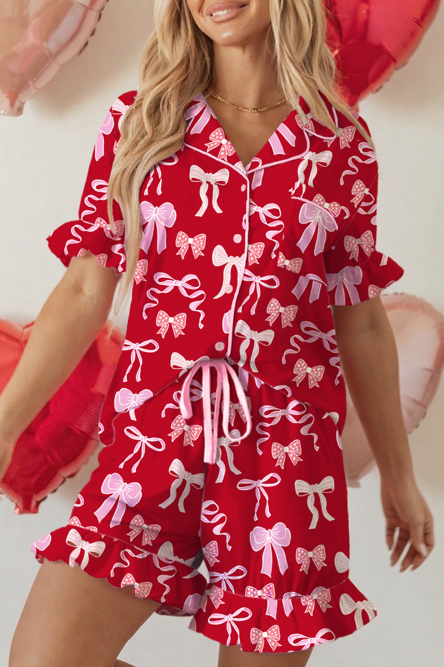 Red Sweet Bow Print Ruffled Short Sleeve Shirt Shorts 2pcs Pyjama Set