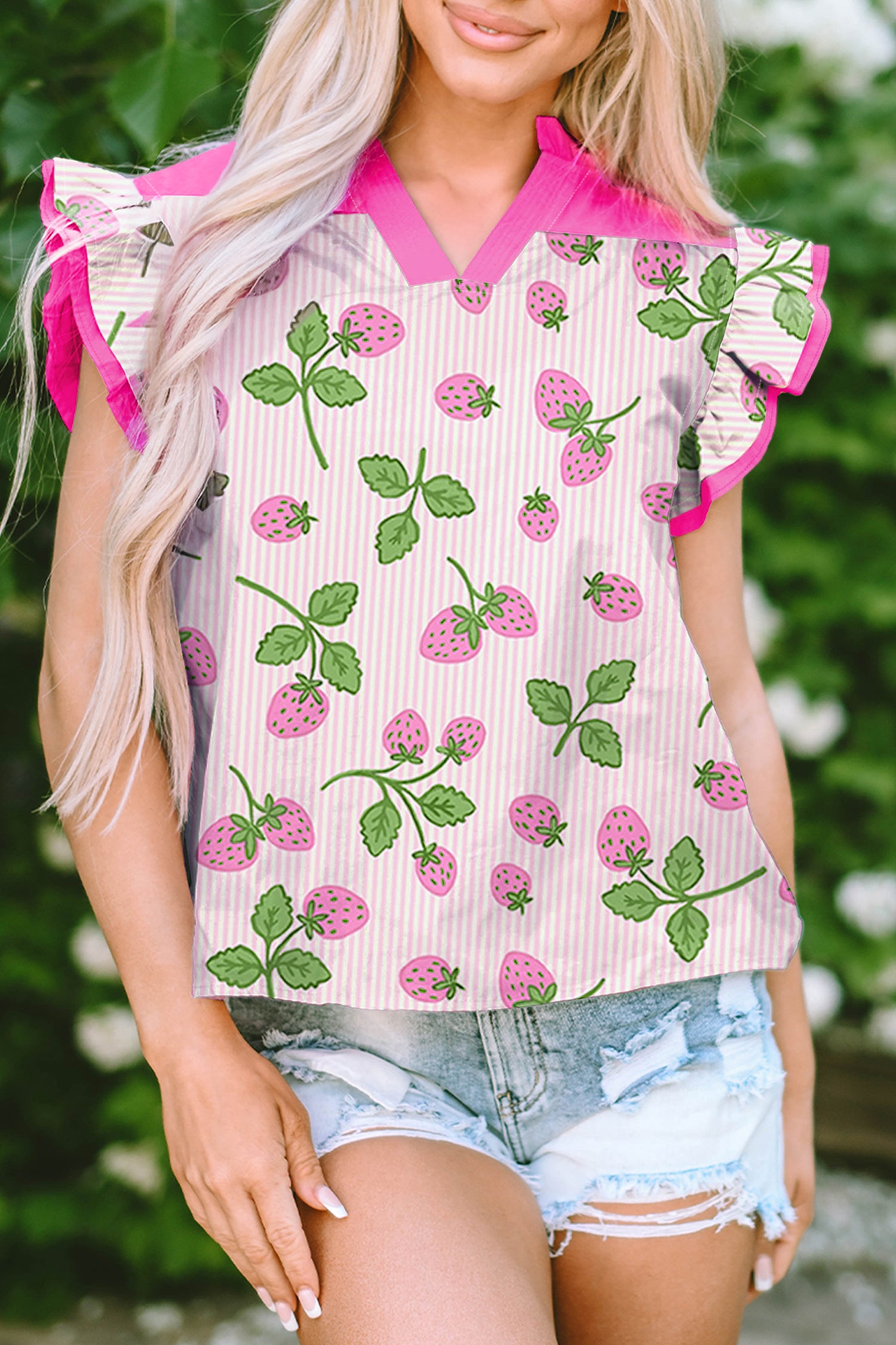 Pink Striped Strawberry Printed Color Block Patchwork V Neck Flutter Sleeve Blouse