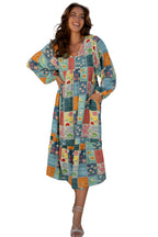 Sky Blue Mix Floral Checkered Pattern Bubble Sleeve Ruffle Hem Dress