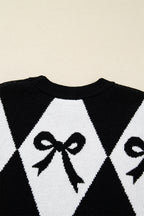Black Bow Print 2-tone Rhombus Knit Loose Sweater