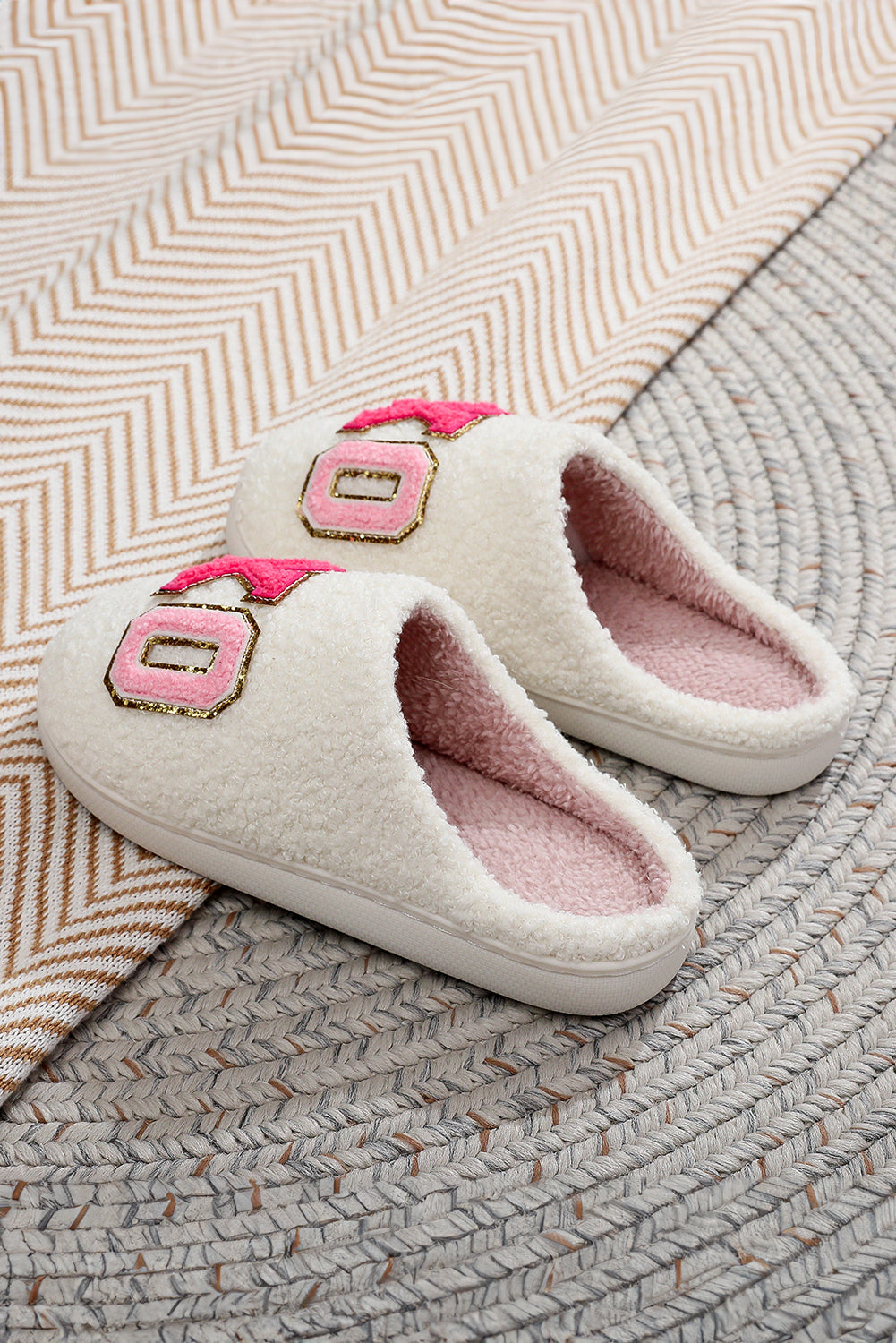 XO XO Glitter Trim Letter Patched Plush House Slippers