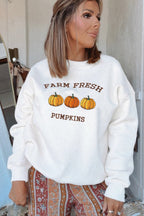 White FARM FRESH PUMPKINS Embroidered Graphic Thanksgiving Holiday Sweatshirt