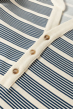 Blue Stripe Ruffled Short Sleeve Contrast Trim Button Notched Neck Midi Dress