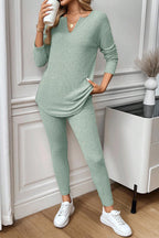 Ribbed Notched Neck Knit Long Sleeve Leggings Two Pieces Lounge Set