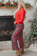 Red Plaid Mama Graphic Christmas Holiday Crewneck Pullover and Pants Two Piece Lounge Set