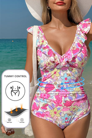 Pink Floral Ruffle Trim V Neck Lace-up Back Tummy Control One Piece Swimsuit