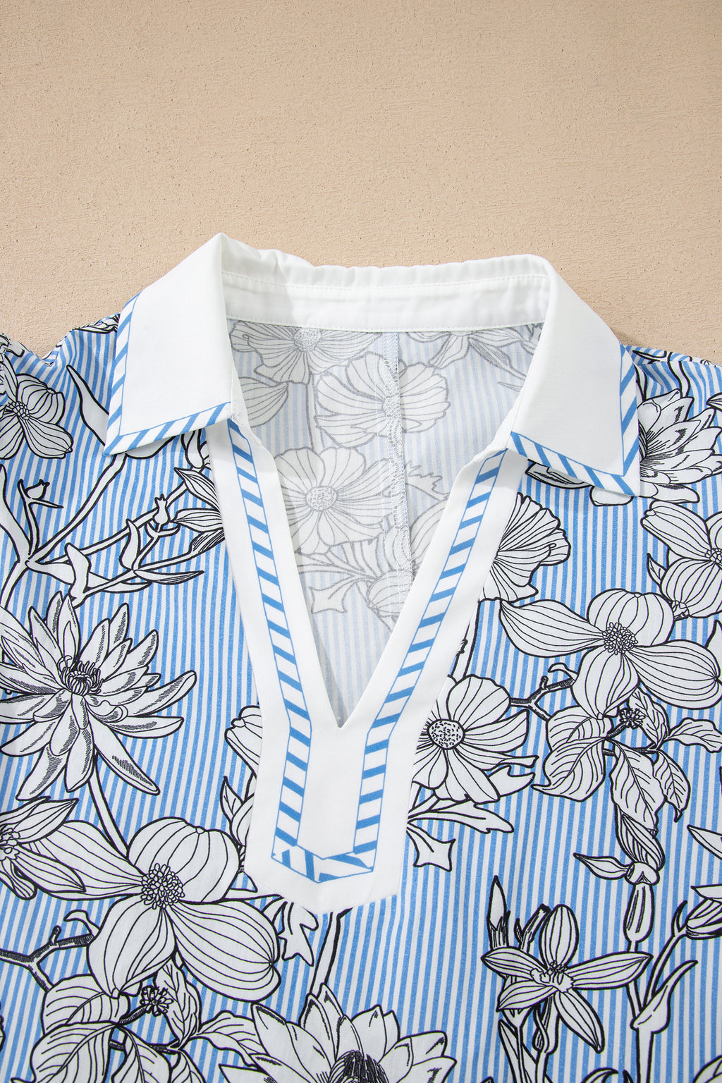 Sky Blue Floral Striped Printed Polo Collar Short Sleeve Blouse