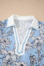 Sky Blue Floral Striped Printed Polo Collar Short Sleeve Blouse