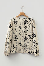 Khaki Botanical Floral Print Split Neck Long Sleeve Blouse