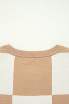 Light French Beige Checkered Pattern Loose Drop Shoulder Half Sleeve Sweater