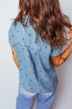 Beau Blue Star Allover Print Double Chest Pocket Short Sleeve Denim Shirt