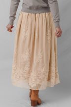 Oatmeal Embroidered Mesh Overlay Flowy Long Skirt