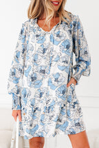 Sky Blue Floral Print Tie Neck Long Sleeve Flowy Mini Dress