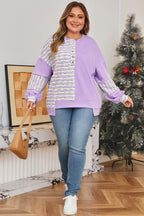 Purple Stripe Patchwork Buttoned Drop Shoulder Plus Size Pullover