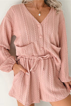 Gossamer Pink Cable Knit V Neck Cardigan Shorts Set