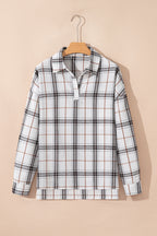 Red Plaid Print Collared V Neck Loose Blouse with Side Slits