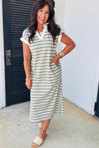 Green Stripe Collared V Neck Short Sleeve T Shirt Midi Dress with Pockets