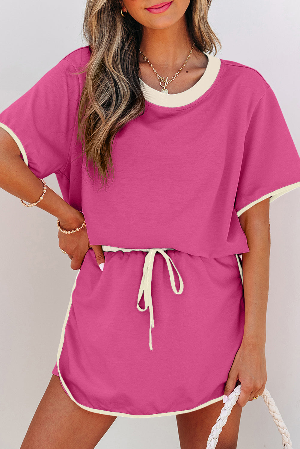 Rose Red Colour block Edge Drop Shoulder T Shirt and Skorts 2Pcs Set