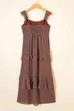 Coffee Polka Dot Print Backless Ruffled Tiered Maxi Dress