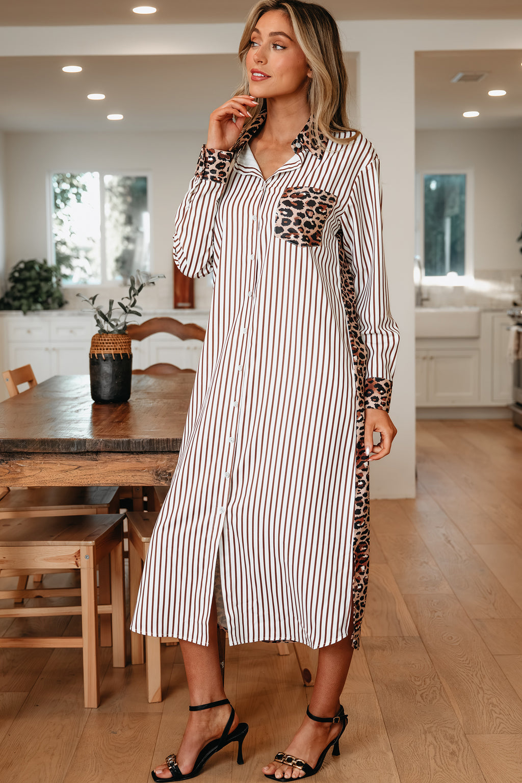 Striped Contrast Leopard Patchwork Long Shirt Dress with Slits
