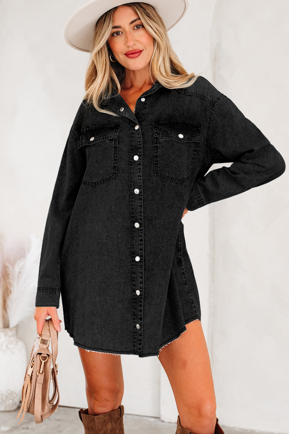 Chest Pocket Raw Hem Denim Loose Shirt Dress