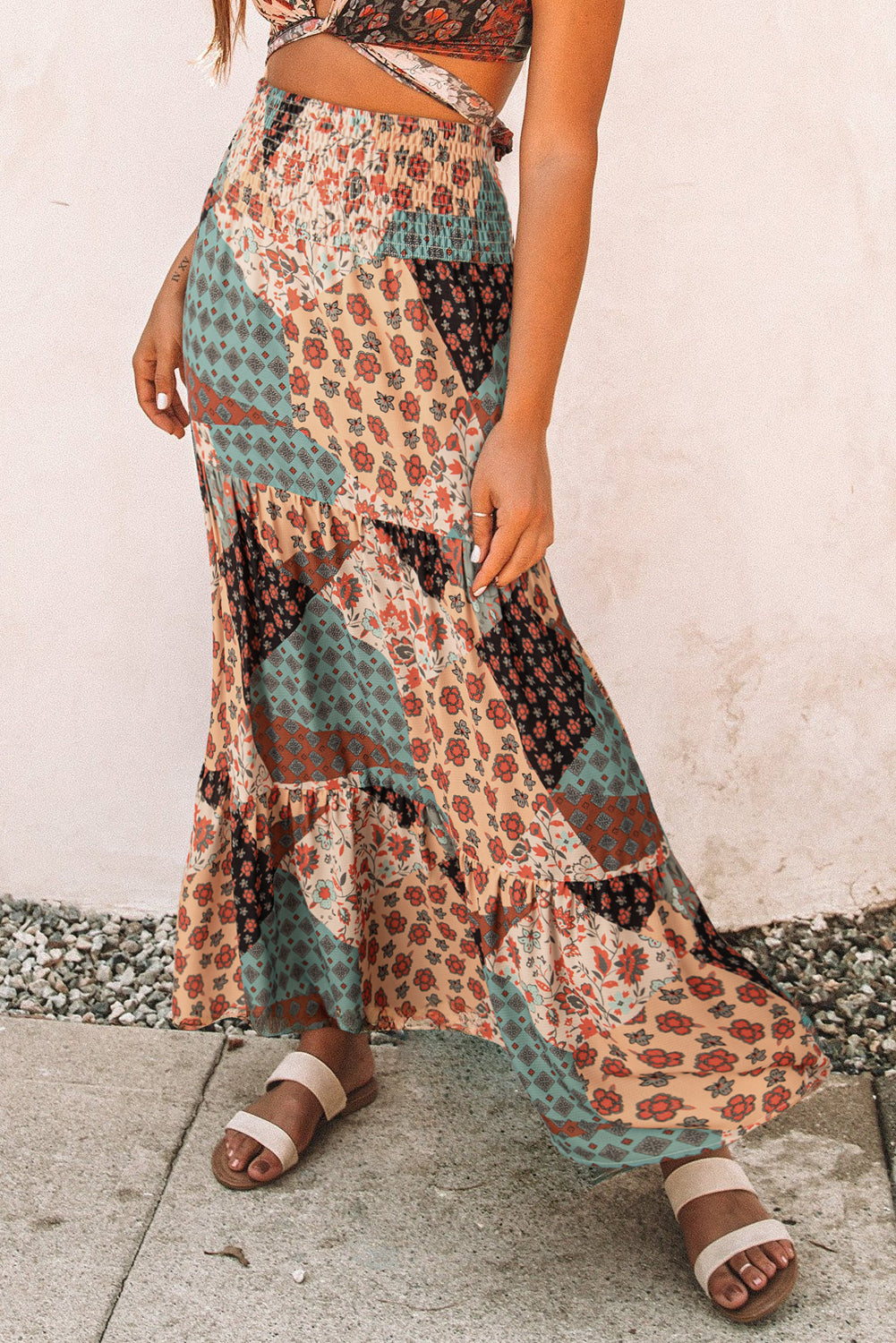 Multicolor Boho Print Tie-Up Waist Long Maxi Skirt