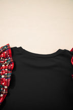 Plaid Pearl Ruffle Short Sleeve Loose T Shirt