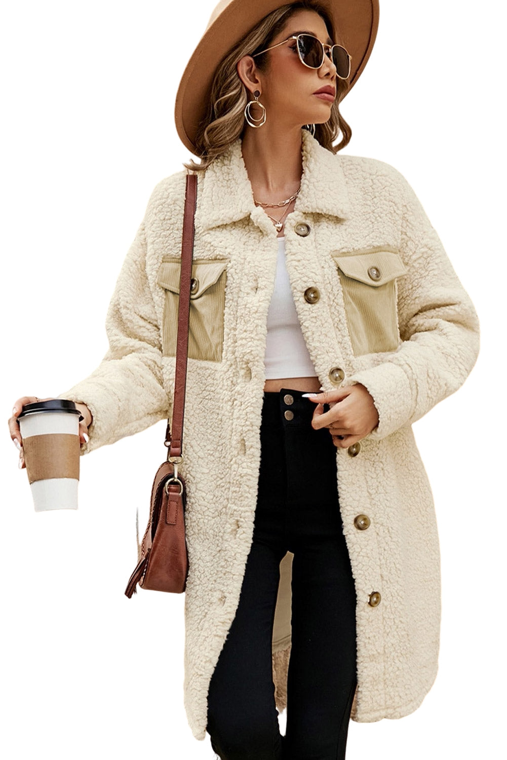 Contrast Flap Pocket Single Breasted Teddy Coat