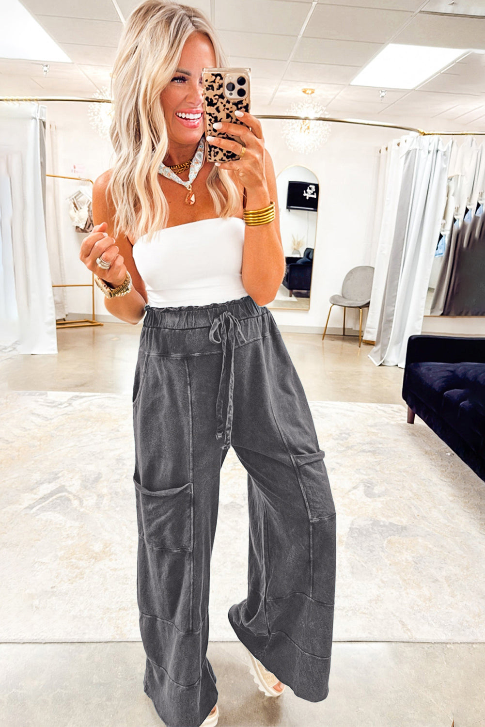 Mineral Wash Lace-up High Waist Raw Hem Patched Pocket Pants