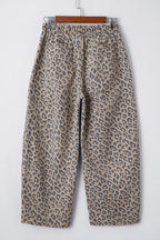 Khaki Leopard Printed Drawstring Elastic Waistband Pocketed Wide Leg Jeans