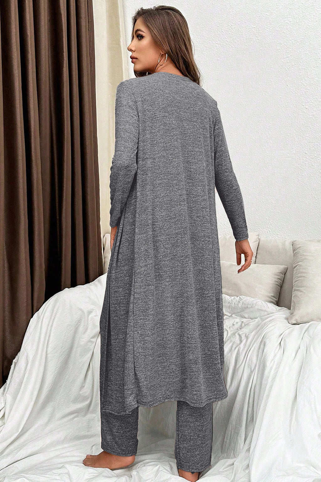 3pcs V Neck T Shirt Ribbon Knot Pants Open Duster 3pcs Lounge Set