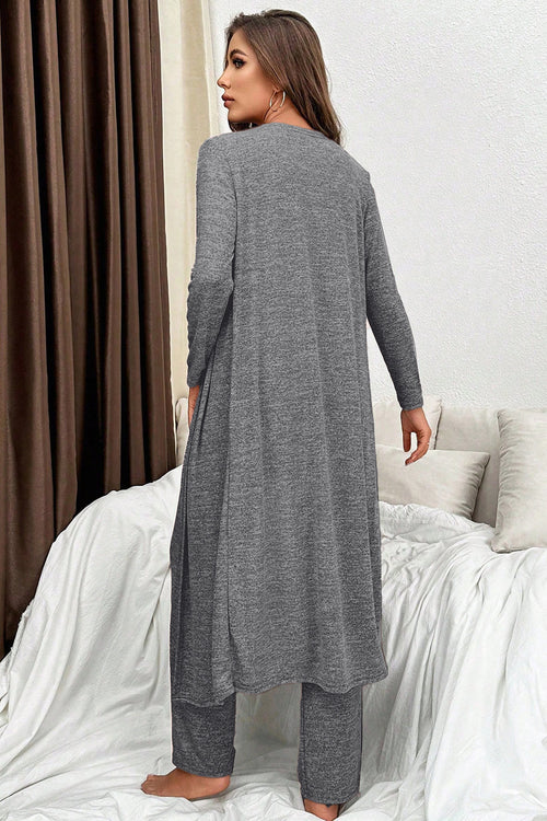 3pcs V Neck T Shirt Ribbon Knot Pants Open Duster 3pcs Lounge Set