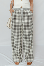 Gray Plaid Wide Leg Casual Pants