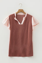 Plus Size Contrast Frilled Neckline Ruffled Short Sleeve Ribbed Textured Blouse