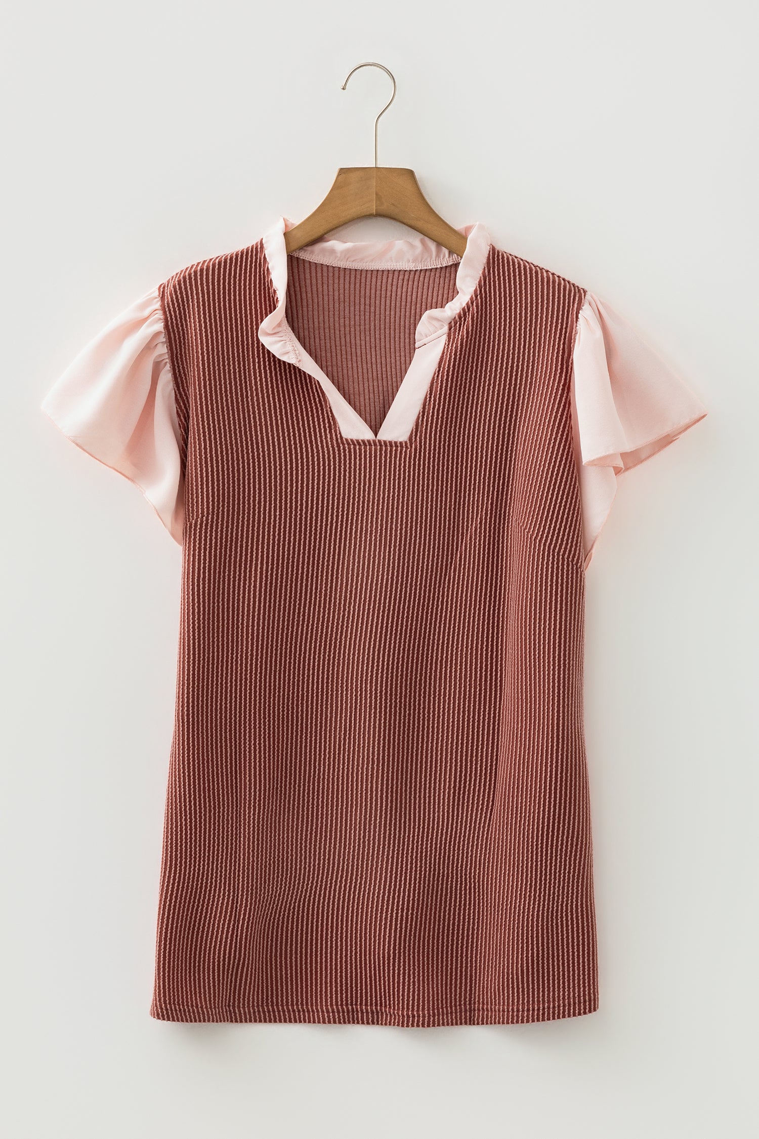 Plus Size Contrast Frilled Neckline Ruffled Short Sleeve Ribbed Textured Blouse