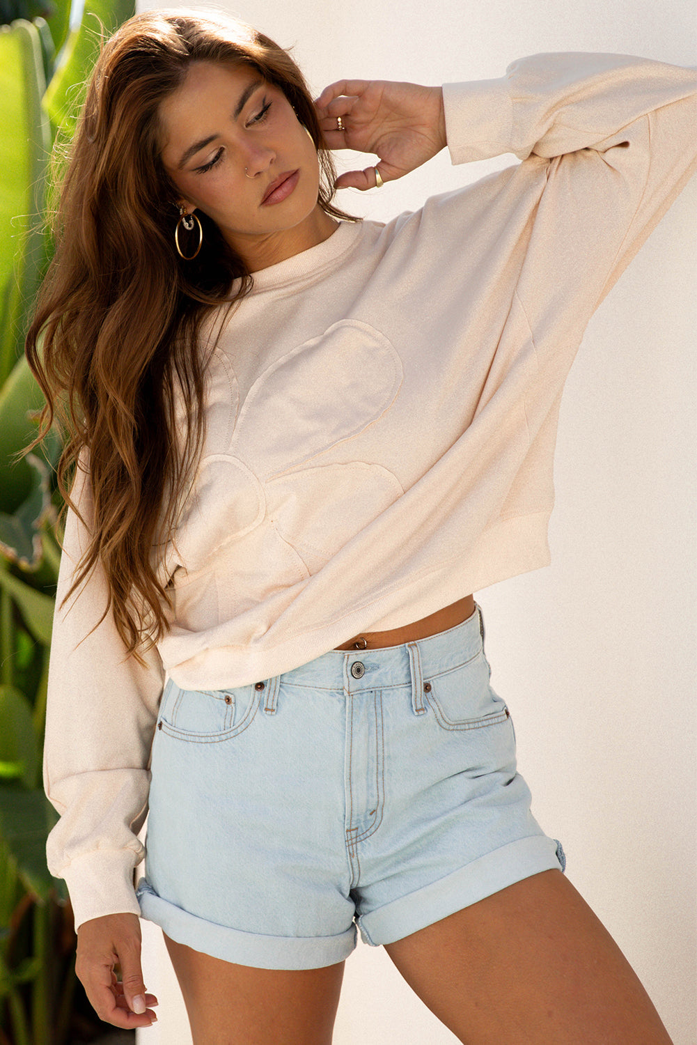 Raw Edge Flower Patch Drop Shoulder Casual Top